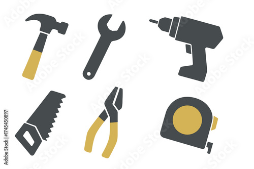 Essential construction and repair hand tools icons in dark gray and yellow colors