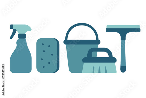 Assortment of household cleaning tools: spray bottle, sponge, bucket, brush, and squeegee