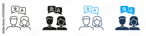 Male And Female Translators With Speech Bubbles Line And Solid Icon Set. Language Translation And Multilingual Dialogue Symbol Collection. Conversation Practice. Isolated Vector Illustration