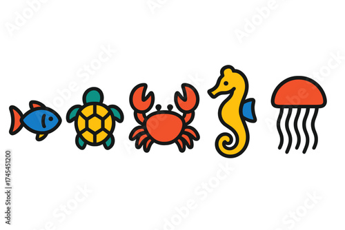 Colorful stylized icons depicting various ocean animals including fish, turtle, crab, and seahorse