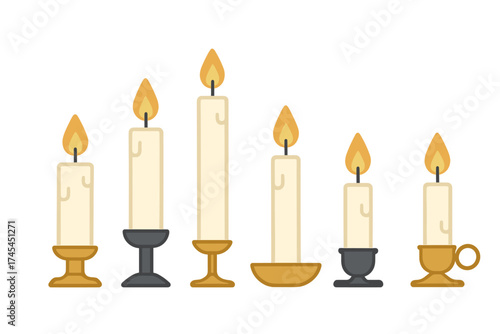 Six burning taper candles in assorted decorative holders