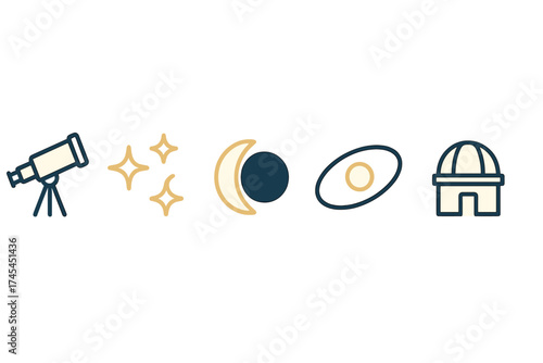 Astronomy and space exploration symbols featuring telescope stars moon and observatory building