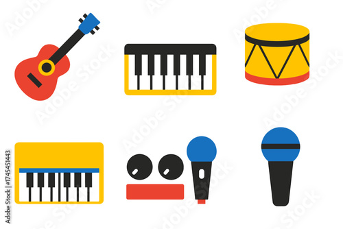 Stylized collection of music equipment symbols including guitar, synthesizer, drum, and microphones