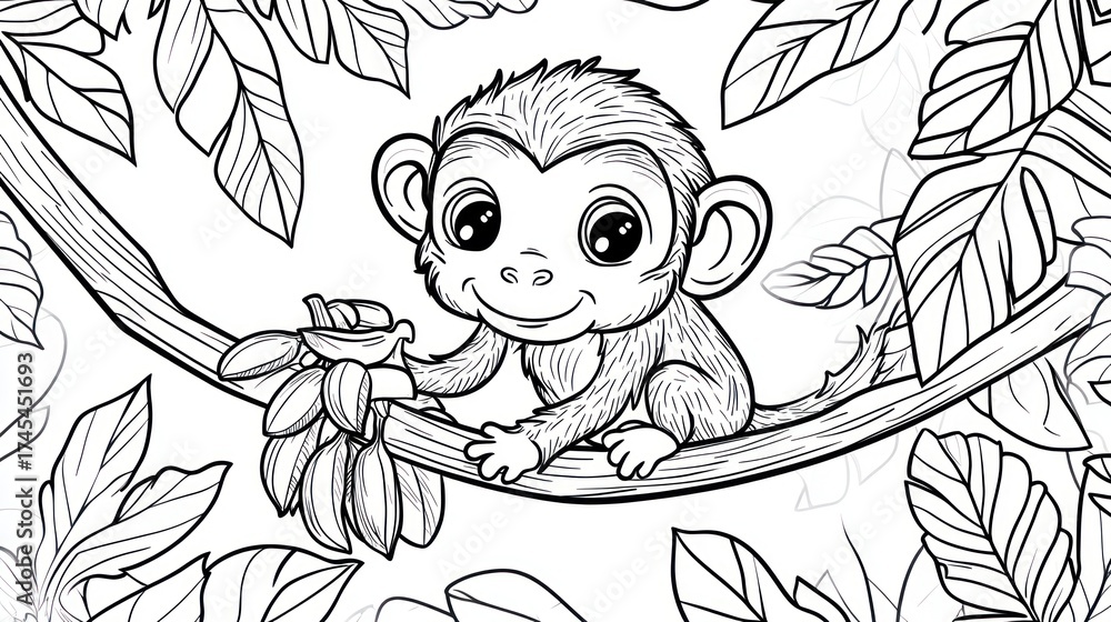 Fototapeta premium A small monkey sits on a branch, surrounded by lush jungle foliage. It holds a bunch of fruit. Detailed line art