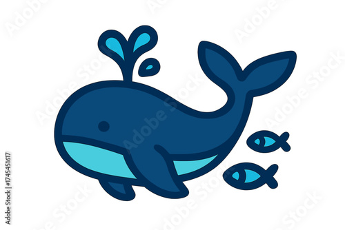 Stylized blue whale swimming underwater spouting water accompanied by small fish