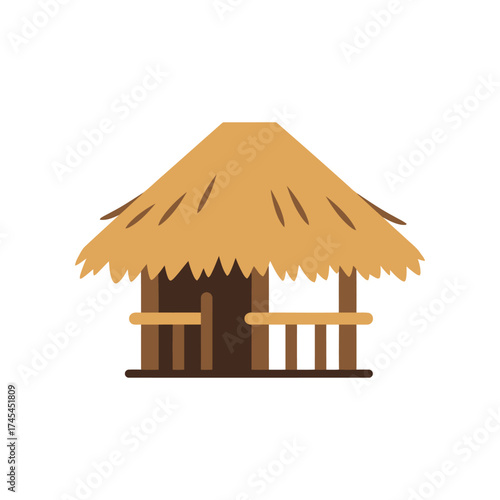Simple thatched roof hut with wooden walls and a small porch isolated on a white background representing tropical or island living