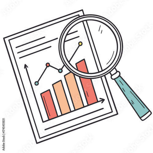 Magnifying glass examining a colorful bar and line graph on a document representing data analysis and business insights