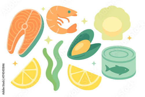 Fresh seafood collection featuring salmon steak shrimp mussel scallop and canned fish with lemon slices