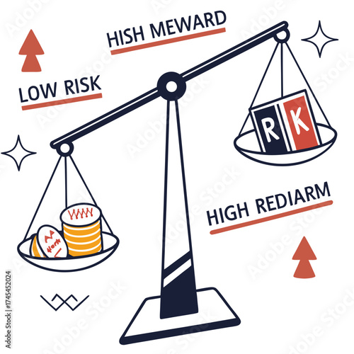 Conceptual illustration of a balance scale weighing low risk with coins against high reward represented by the letters rk symbolizing risk and reward