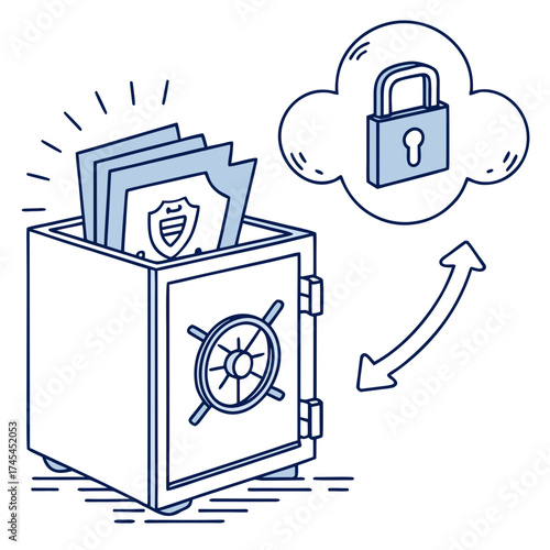 Secure digital data storage concept with a safe holding protected documents and a cloud with a padlock indicating cloud security and data transfer