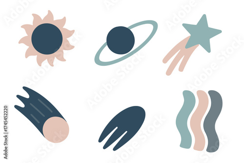 Stylized celestial objects set: sun, planet, comet, and shooting star in pastel colors