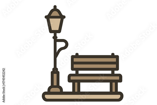 Stylized classic wooden park bench and vintage street lamppost design