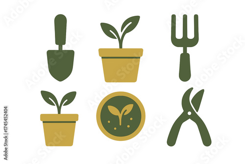 Essential gardening tools set featuring hand trowel, cultivating fork, pruning shears, and potted plant sprouts