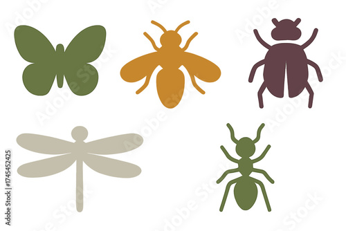 Stylized insect silhouettes including butterfly, bee, beetle, dragonfly, and ant shapes