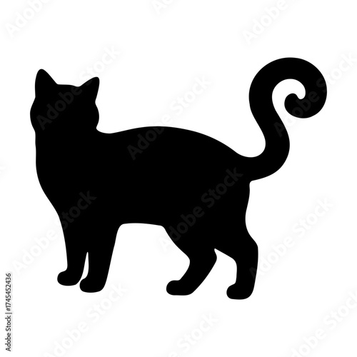 Silhouette of a black cat standing with a curled tail on a white background showing its side profile