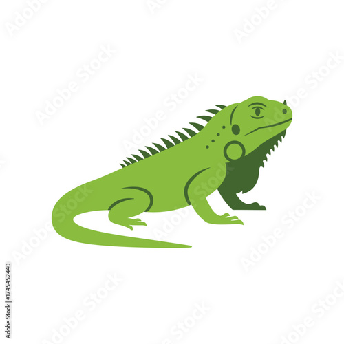 Vibrant green iguana with spiky dorsal crest and dewlap stands alert on a clean white background showcasing its reptilian features and tropical allure