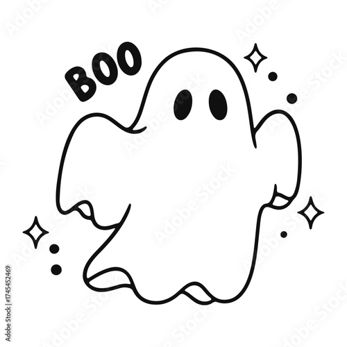 A simple black and white illustration of a ghost with the word boo and some stars around it design