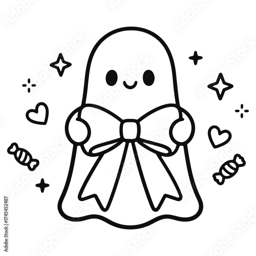 Cute ghost with a bow tie surrounded by hearts stars and candy ready for halloween night fun