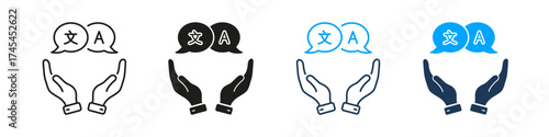 Hands Holding Speech Bubbles With Language Symbols Line And Solid Icon Set. Translation, Multilingual Communication, And Language Services Symbol Collection. Isolated Vector Illustration