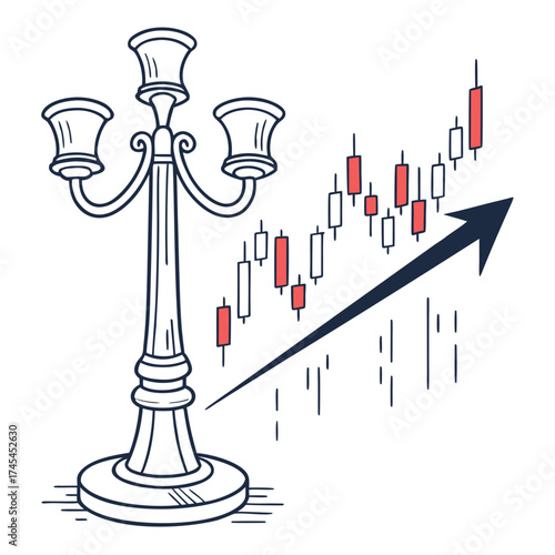 Stylized antique candelabra symbolizes financial growth and upward stock market trends represented by a rising candlestick chart and arrow