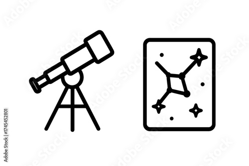 Astronomical telescope and constellation map symbols for celestial observation and research