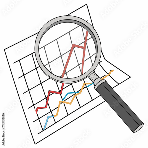Magnifying glass examining colorful line graphs on a grid paper representing financial data analysis and business growth