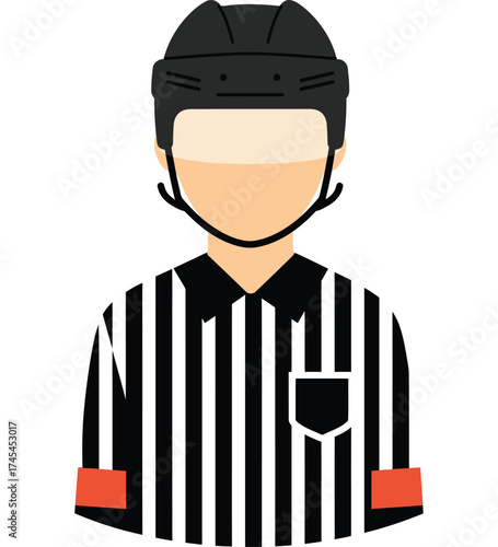 Ice hockey referee wearing black helmet and striped uniform with armbands standing isolated on white background