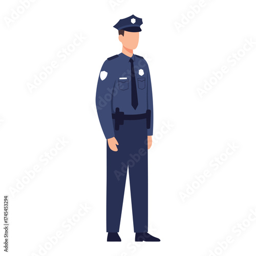 Full body illustration of a male police officer in uniform standing confidently against a white background representing law enforcement