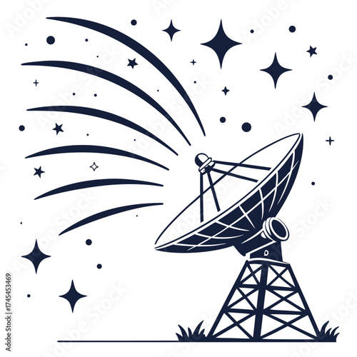 A silhouette of a large satellite dish antenna mounted on a tower pointing towards a starry night sky with streaks of light and celestial bodies