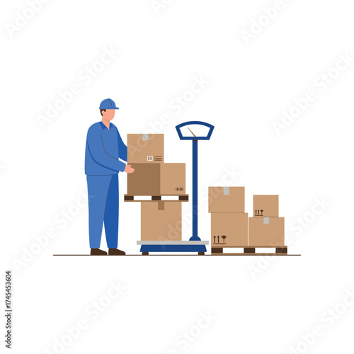 Warehouse worker in blue uniform weighing stacked cardboard boxes on a vintage scale for shipping and logistics