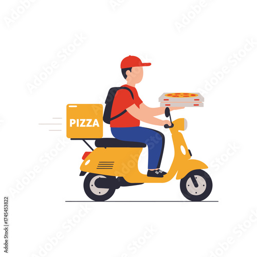Fast pizza delivery person on a yellow scooter with a pizza box and a pizza in hand conveying speed and convenience