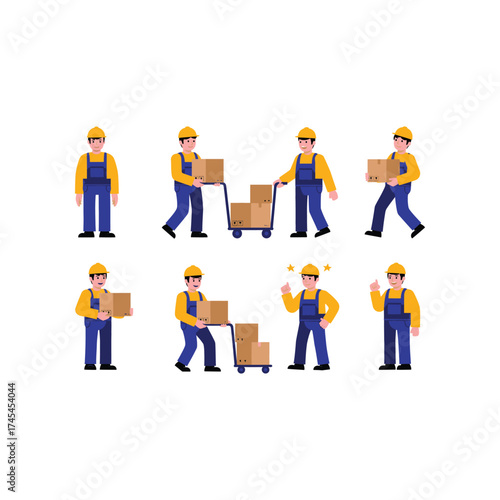Collection of cartoon construction workers in yellow hard hats and blue overalls performing various tasks with cardboard boxes and a hand truck