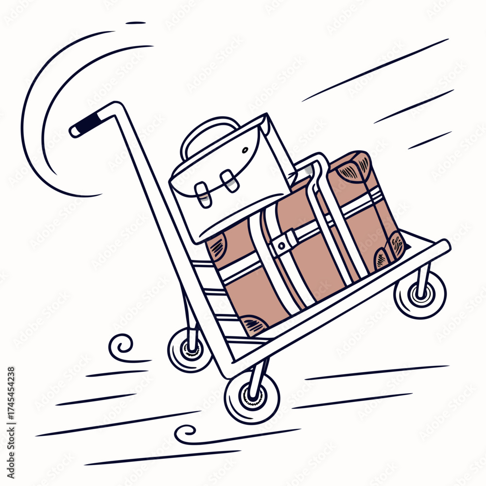 Φωτογραφία Hand drawn illustration of a luggage cart loaded with vintage suitcases and a br