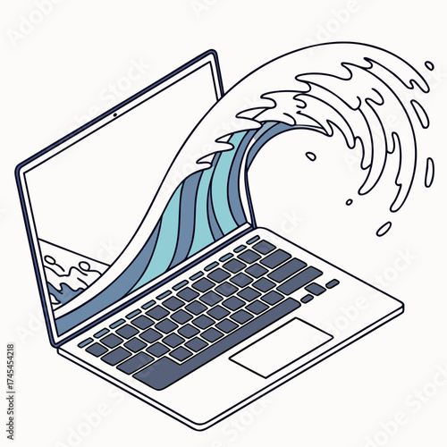 A stylized wave of blue water crashes out of an open laptop screen symbolizing digital information flow and online content creation