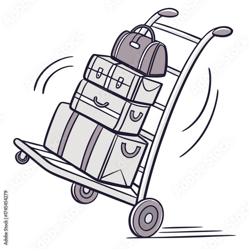 A stylized cartoon illustration of a luggage cart overloaded with stacked suitcases and a duffel bag appearing to be in motion with stylized lines indicating speed and movement