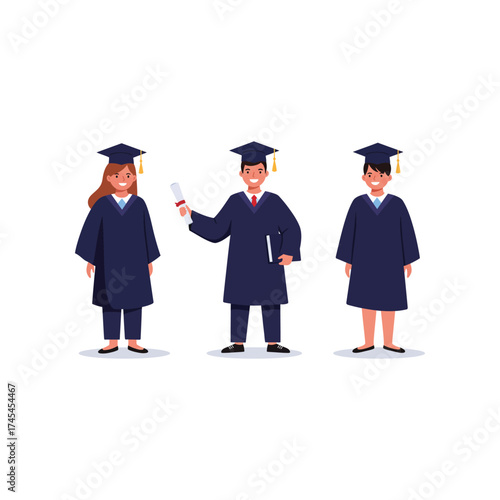 Three diverse smiling graduates wearing academic caps and gowns holding diplomas celebrating their educational achievement and future success