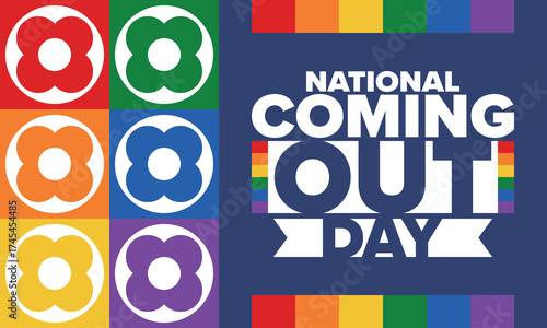 National Coming Out Day. Happy holiday. Pride month. LGBT rainbow flag. Diversity and equality. Gay and lesbian. Free love, heart shape. Illustration. Vector poster