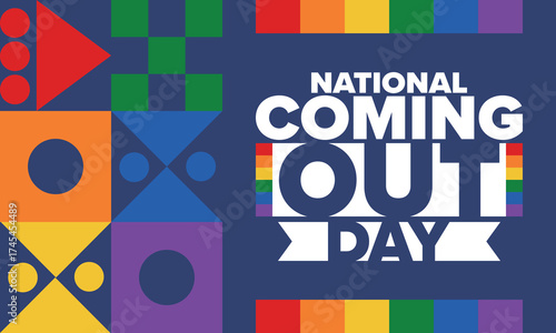 National Coming Out Day. Happy holiday. Pride month. LGBT rainbow flag. Diversity and equality. Gay and lesbian. Free love, heart shape. Illustration. Vector poster