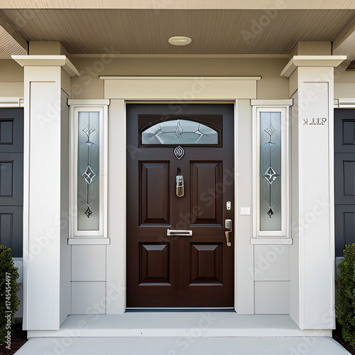 A large house with a Modern Black Fiberglass Front Entry Door, Single Door With One Sidelite black front door and a black doorbell