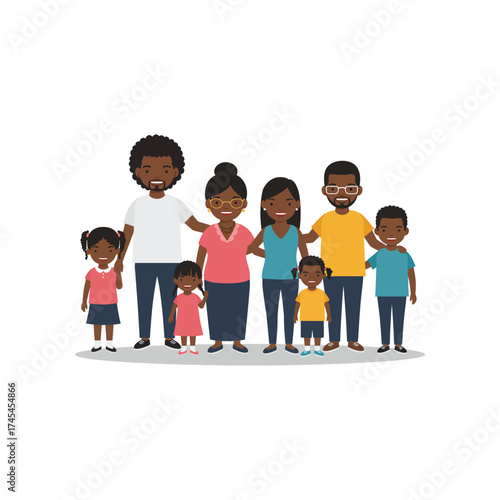 Happy diverse african american family of six standing together smiling and posing for a portrait illustration