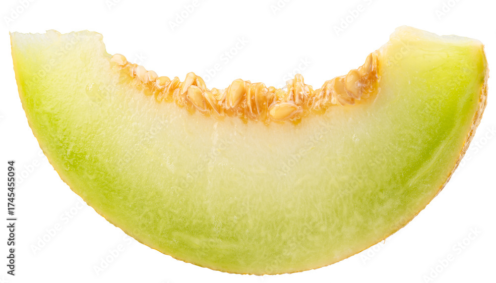 Φωτογραφία Slice of Galia melon with juicy yellow-green flesh and seeds, isolated on a white background