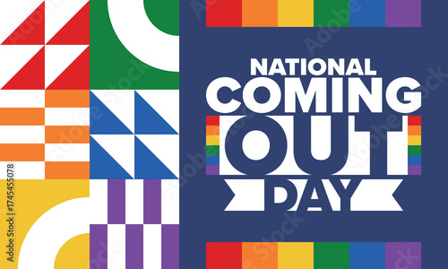 National Coming Out Day. Happy holiday. Pride month. LGBT rainbow flag. Diversity and equality. Gay and lesbian. Free love, heart shape. Illustration. Vector poster