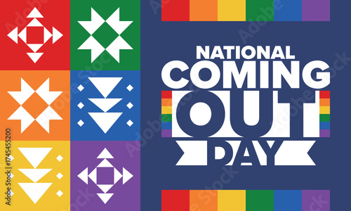 National Coming Out Day. Happy holiday. Pride month. LGBT rainbow flag. Diversity and equality. Gay and lesbian. Free love, heart shape. Illustration. Vector poster