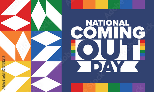 National Coming Out Day. Happy holiday. Pride month. LGBT rainbow flag. Diversity and equality. Gay and lesbian. Free love, heart shape. Illustration. Vector poster