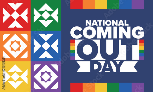 National Coming Out Day. Happy holiday. Pride month. LGBT rainbow flag. Diversity and equality. Gay and lesbian. Free love, heart shape. Illustration. Vector poster