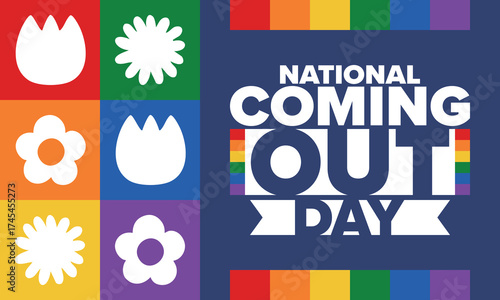 National Coming Out Day. Happy holiday. Pride month. LGBT rainbow flag. Diversity and equality. Gay and lesbian. Free love, heart shape. Illustration. Vector poster