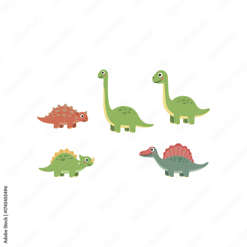 Obraz premium Collection of five adorable cartoon dinosaurs in various colors and species standing on a white background