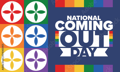 National Coming Out Day. Happy holiday. Pride month. LGBT rainbow flag. Diversity and equality. Gay and lesbian. Free love, heart shape. Illustration. Vector poster