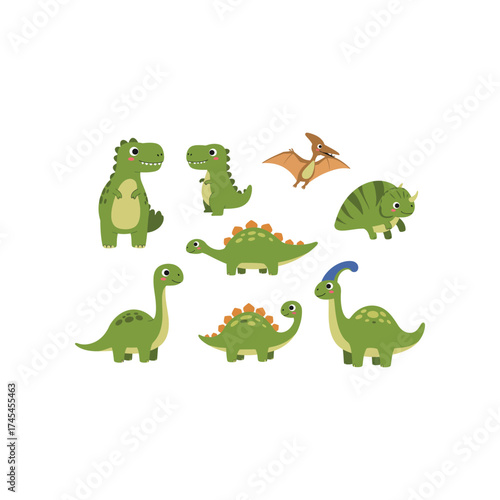 Collection of cute cartoon dinosaurs in various poses and species including tyrannosaurus rex triceratops and pterodactyl