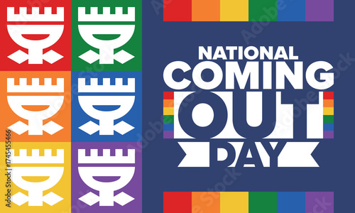 National Coming Out Day. Happy holiday. Pride month. LGBT rainbow flag. Diversity and equality. Gay and lesbian. Free love, heart shape. Illustration. Vector poster